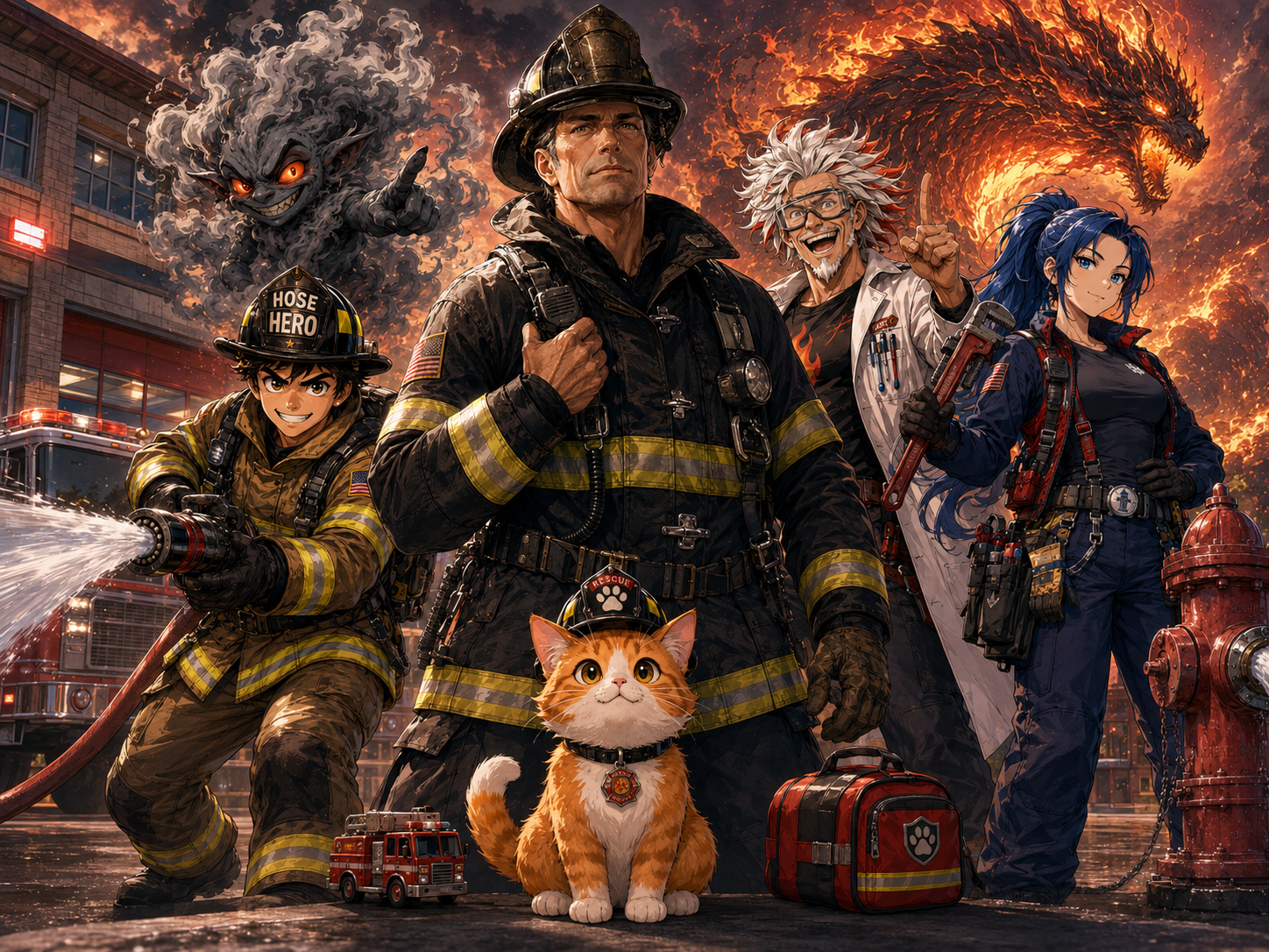 All FirefightingDaily characters standing together in a heroic manga group shot.
