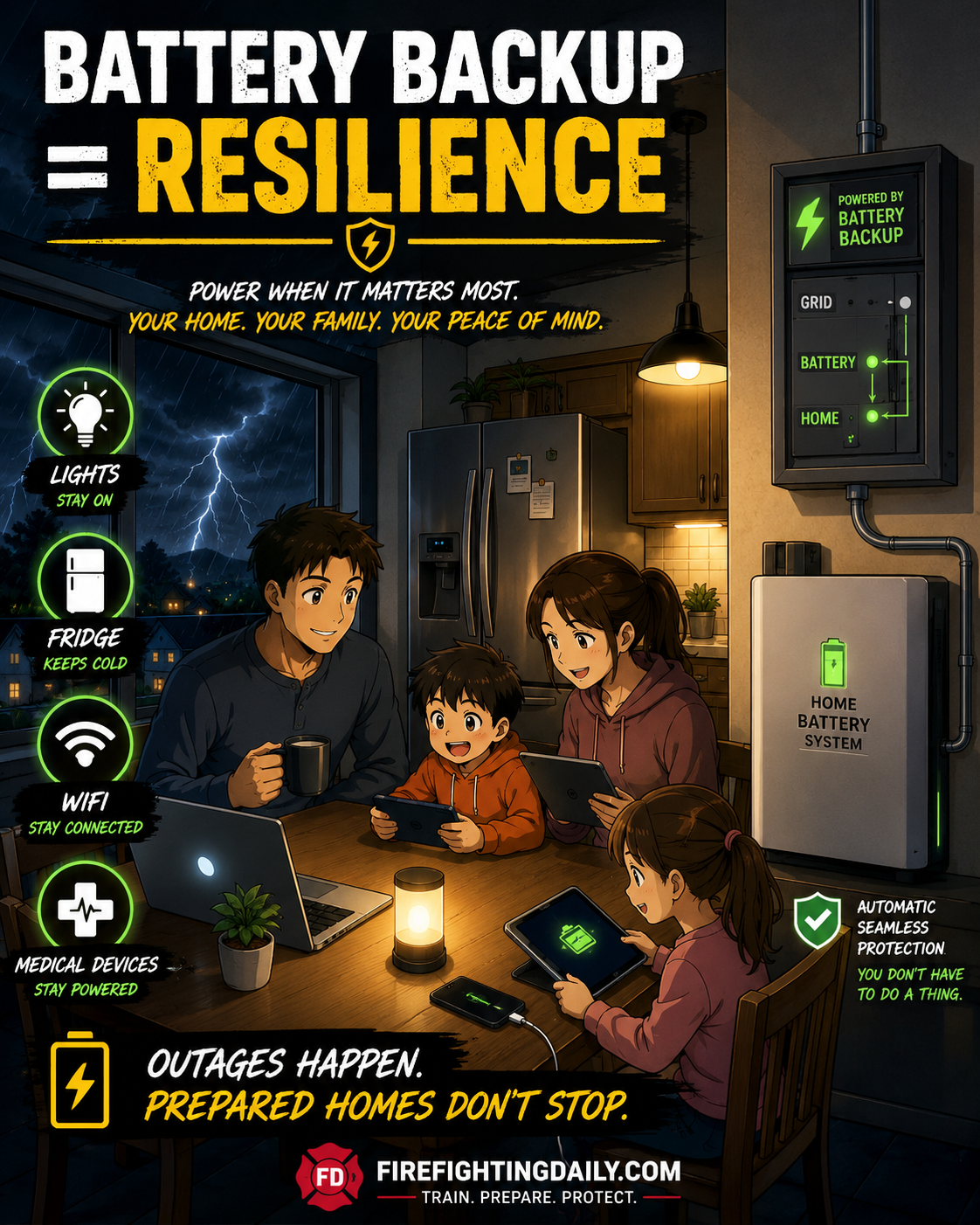 Battery backup resilience during an outage.