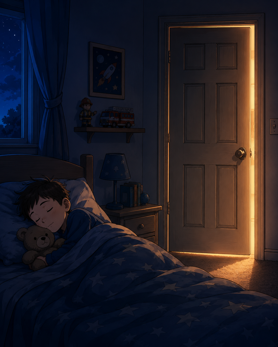 Closed bedroom door at night as a home fire safety concept.