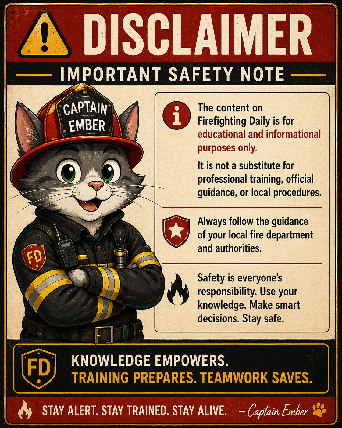 Captain Ember disclaimer safety note.