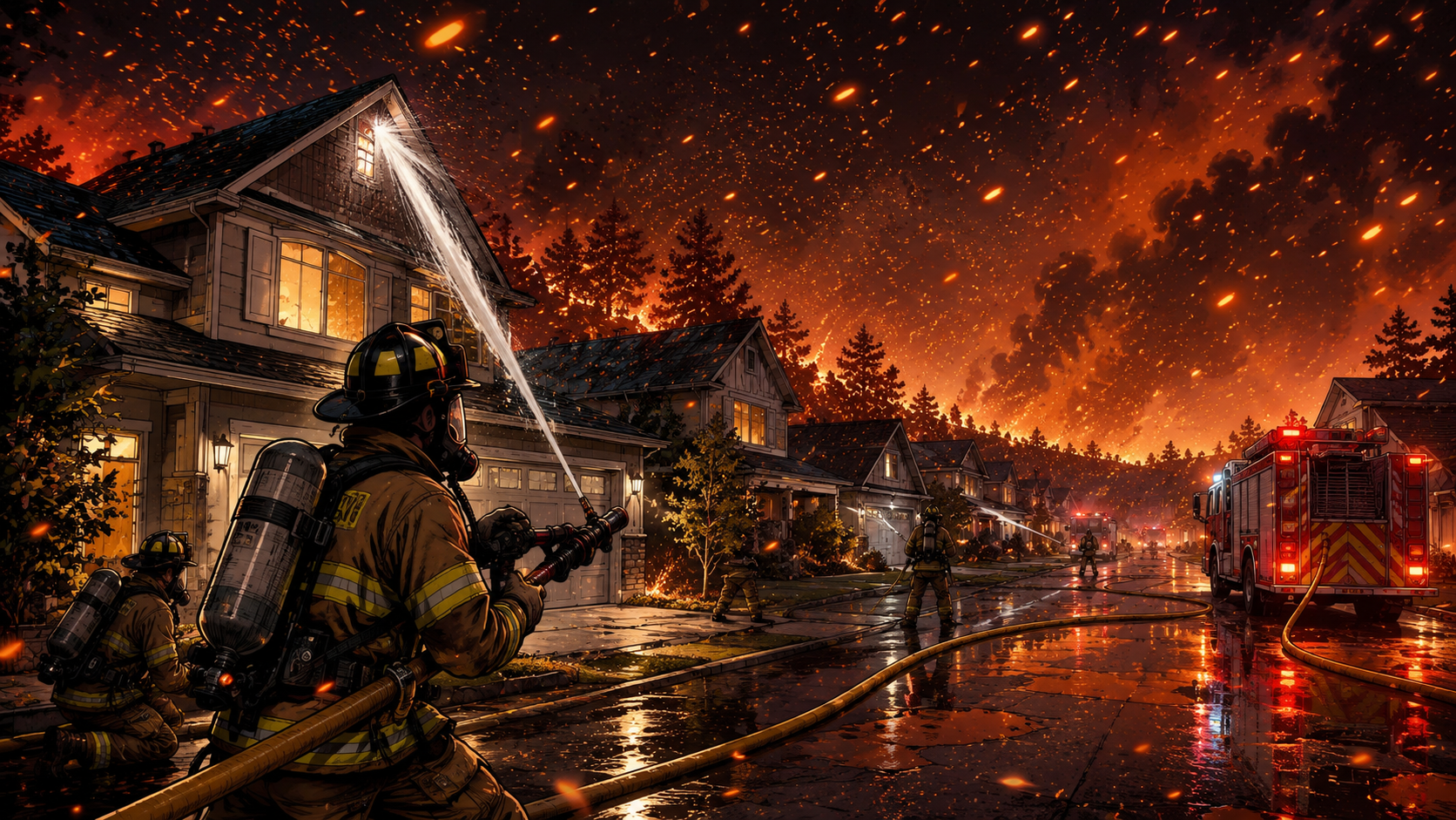 Neighborhood defense during wildfire ember storm conditions.