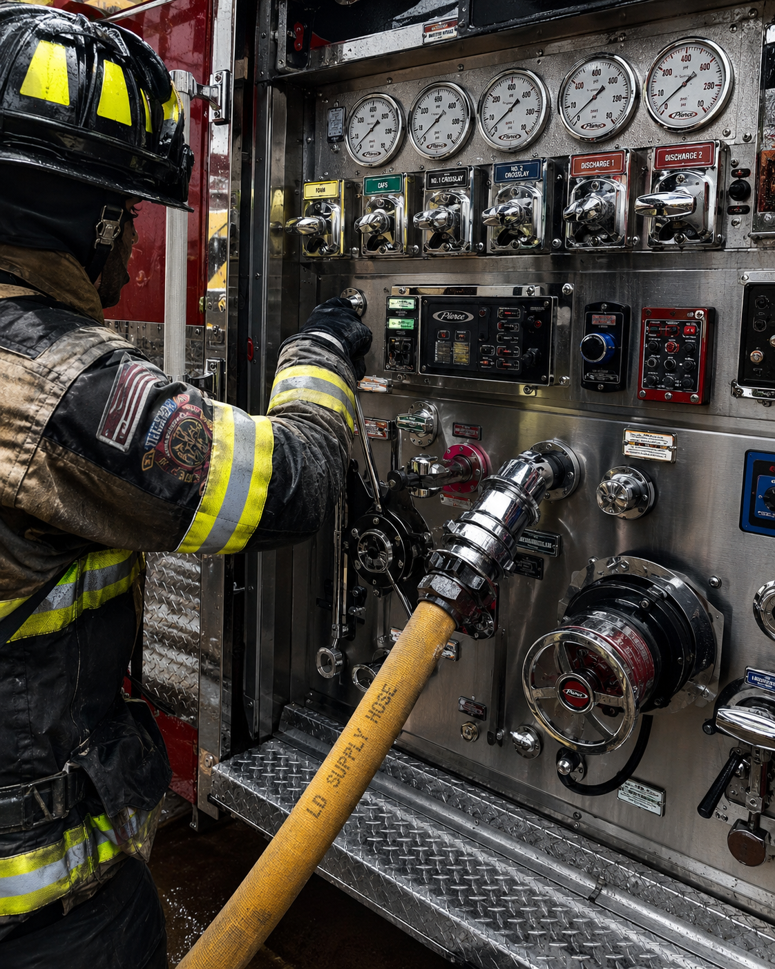 Close-up of a fire engine pump panel with gauges and controls.