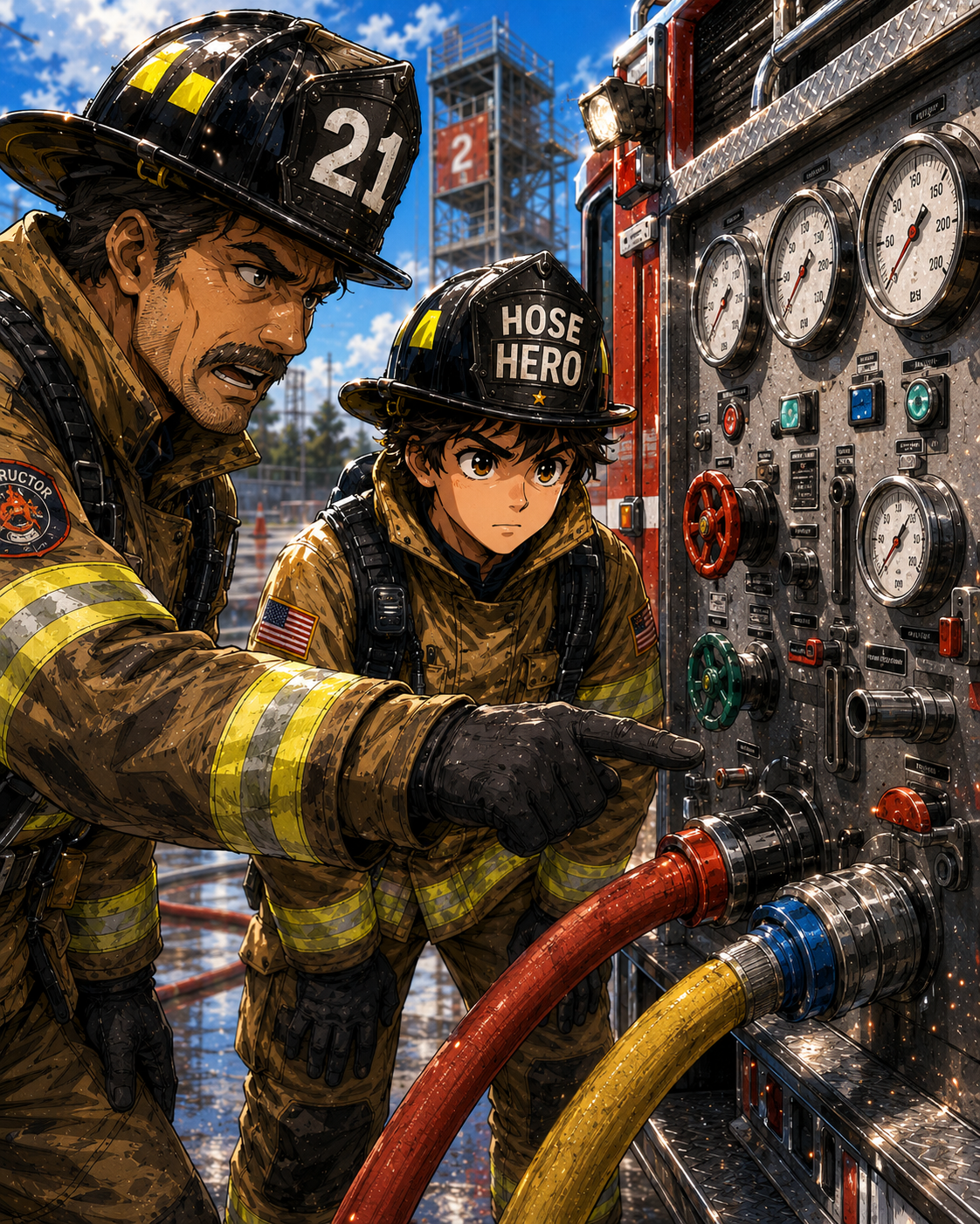 Episode panel showing the pump panel being explained to Hose Hero.