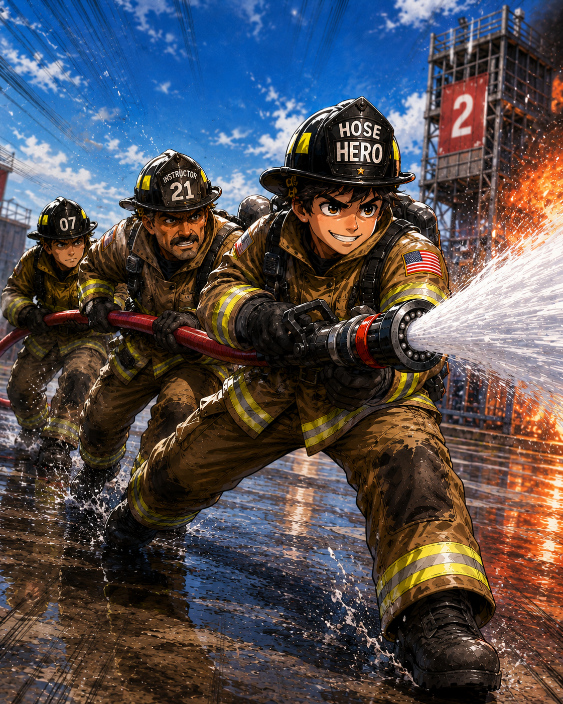 A team advancing a hose line together in Episode 2.