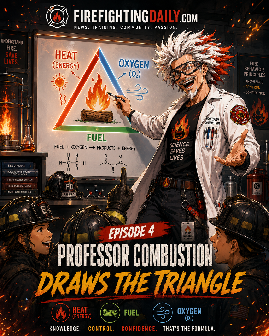 Episode 4 cover with Professor Combustion drawing the fire triangle.