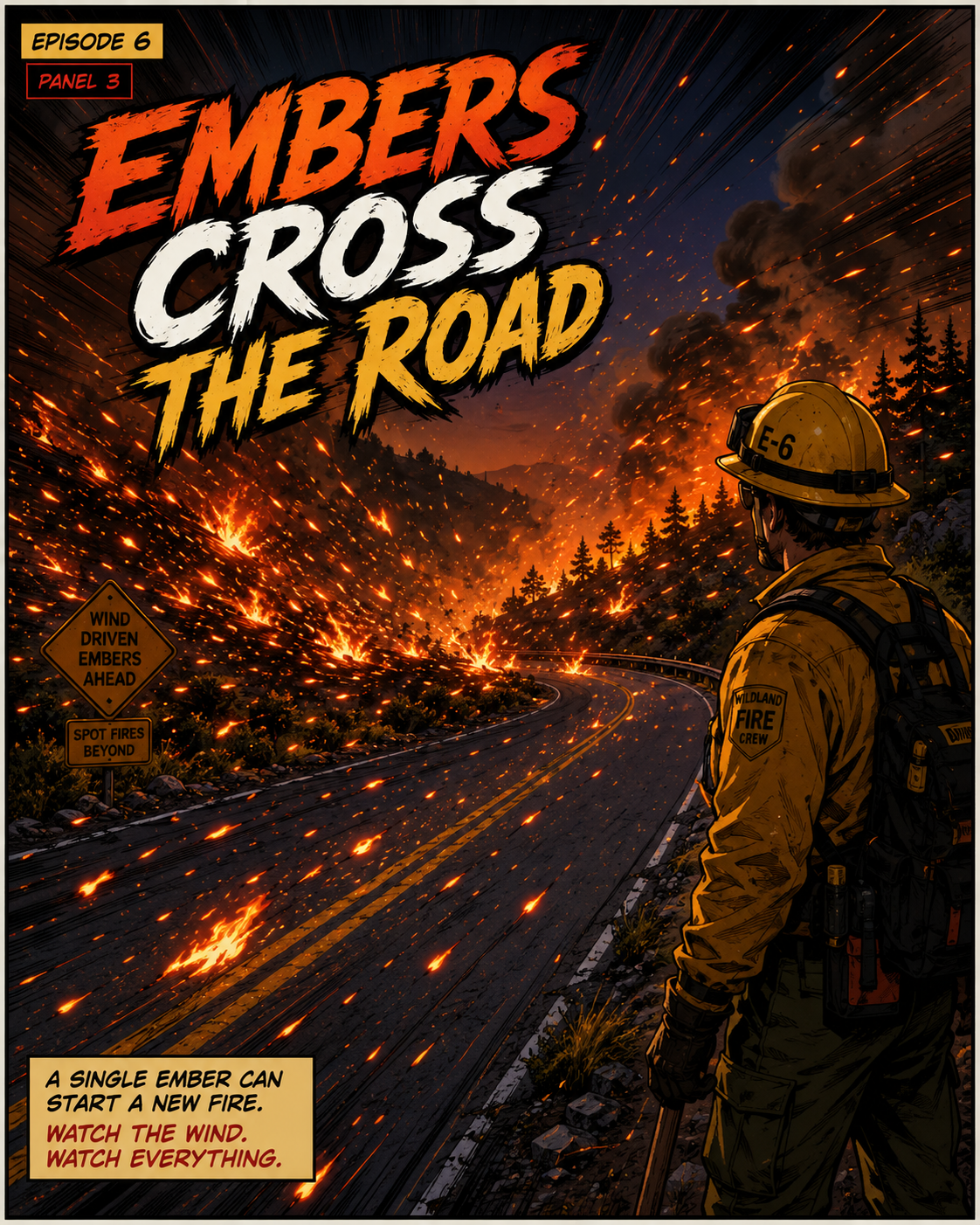 Manga panel showing wildfire embers crossing a road.