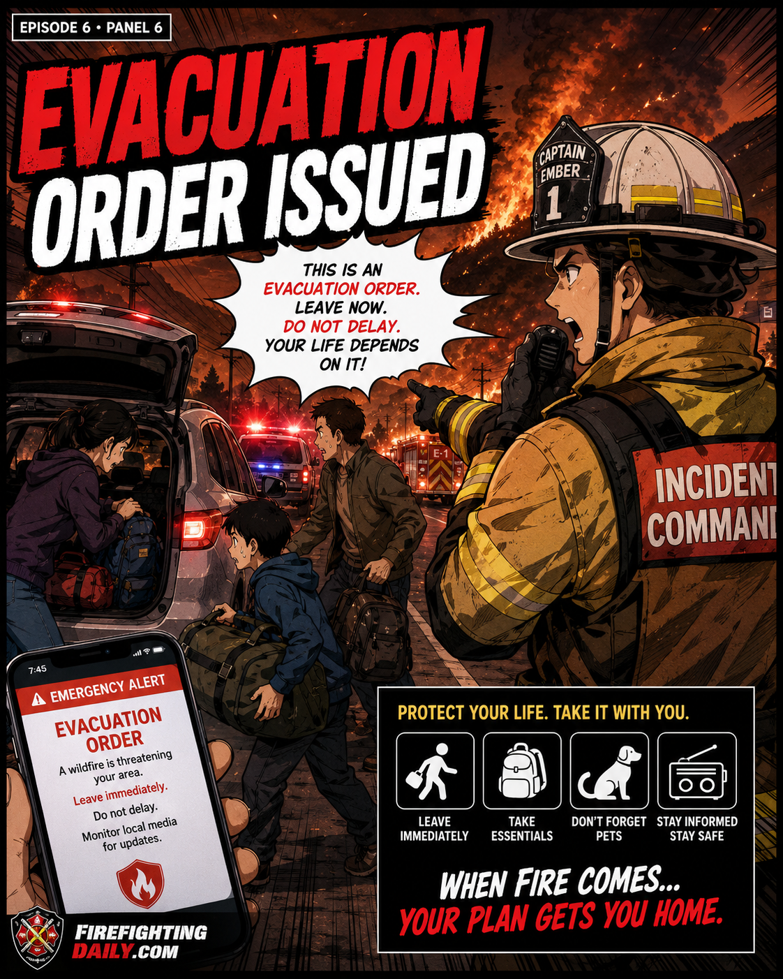 Manga panel showing evacuation order issued during wildfire conditions.