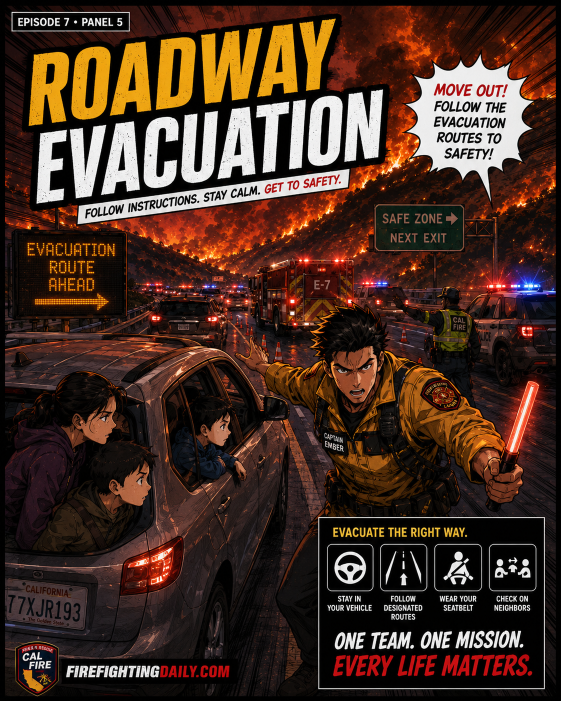 Roadway evacuation scene during wildfire.