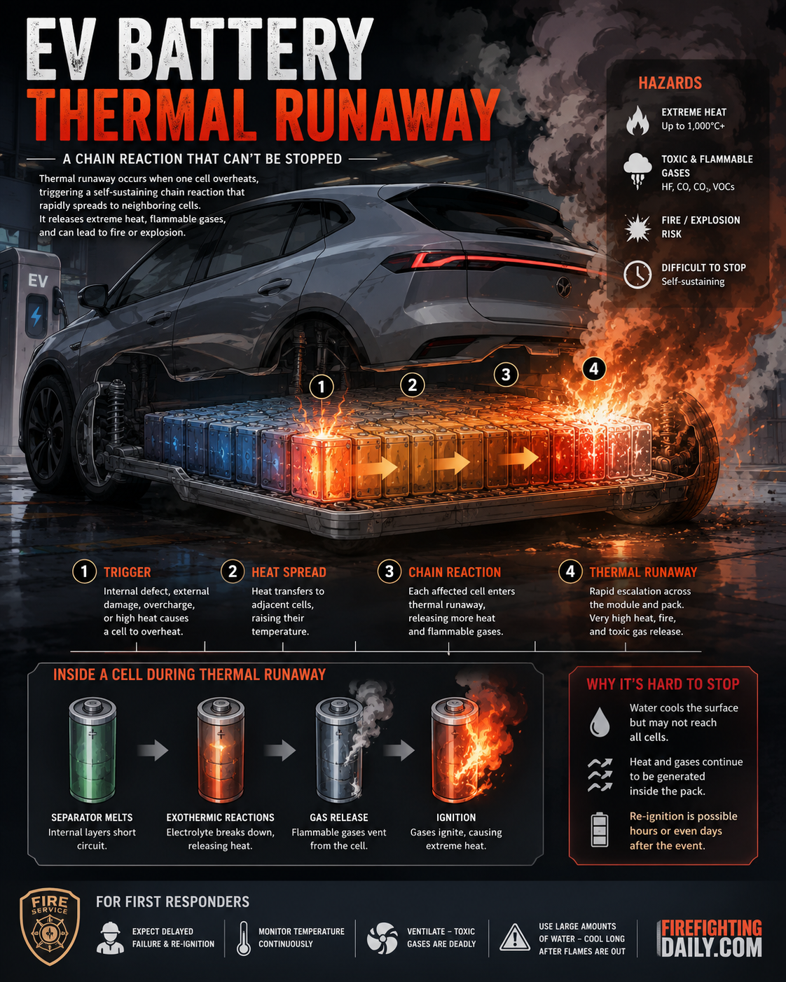 Manga-style concept illustration explaining EV battery thermal runaway.
