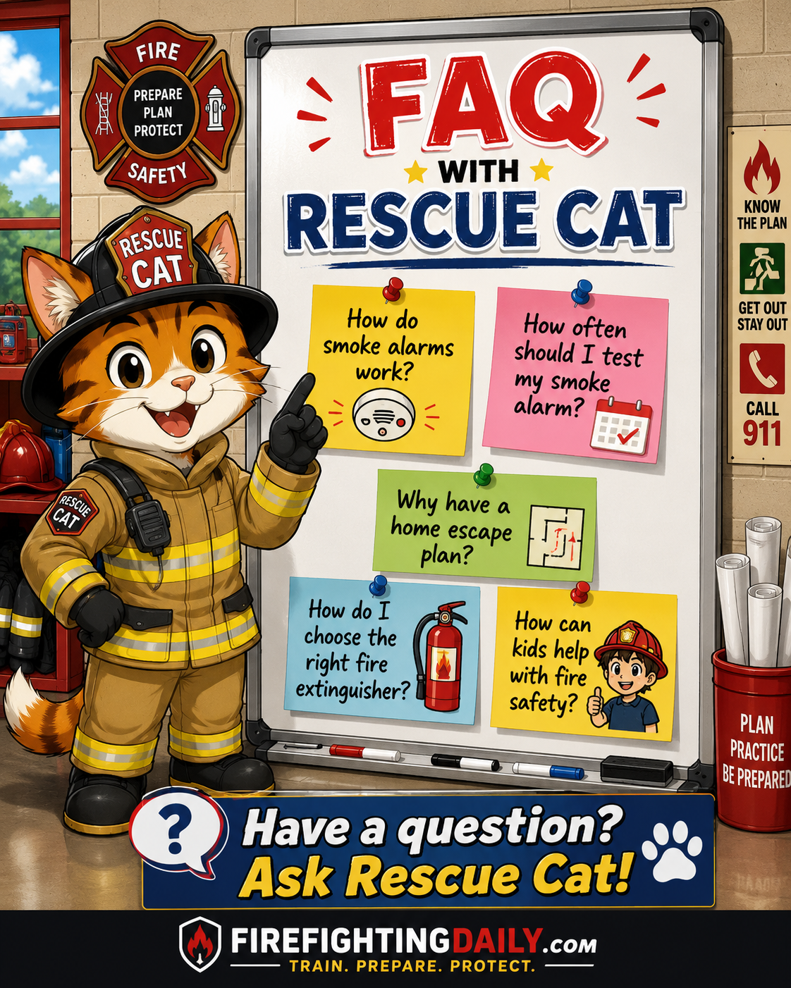 FAQ question board with Rescue Cat.