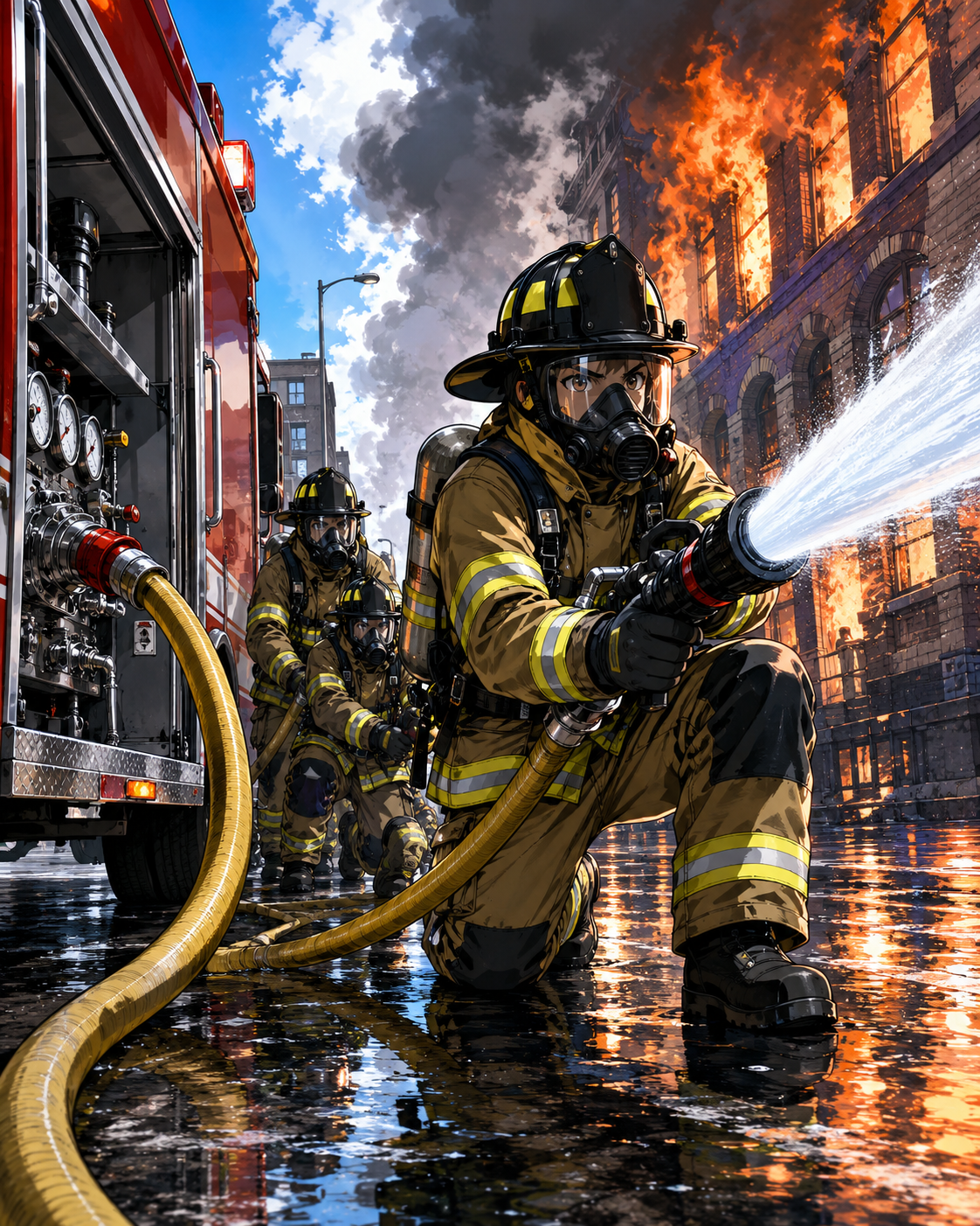 Firefighters using hose lines and water.