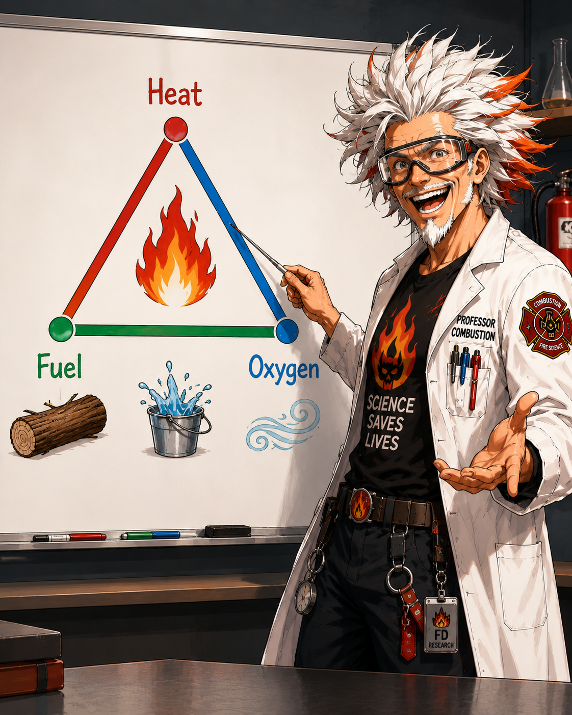 Simple fire triangle scene showing heat, fuel, and oxygen.