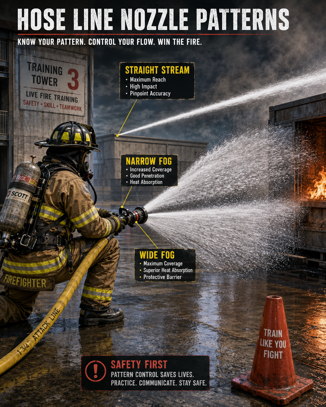 Firefighters training with hose nozzle patterns.