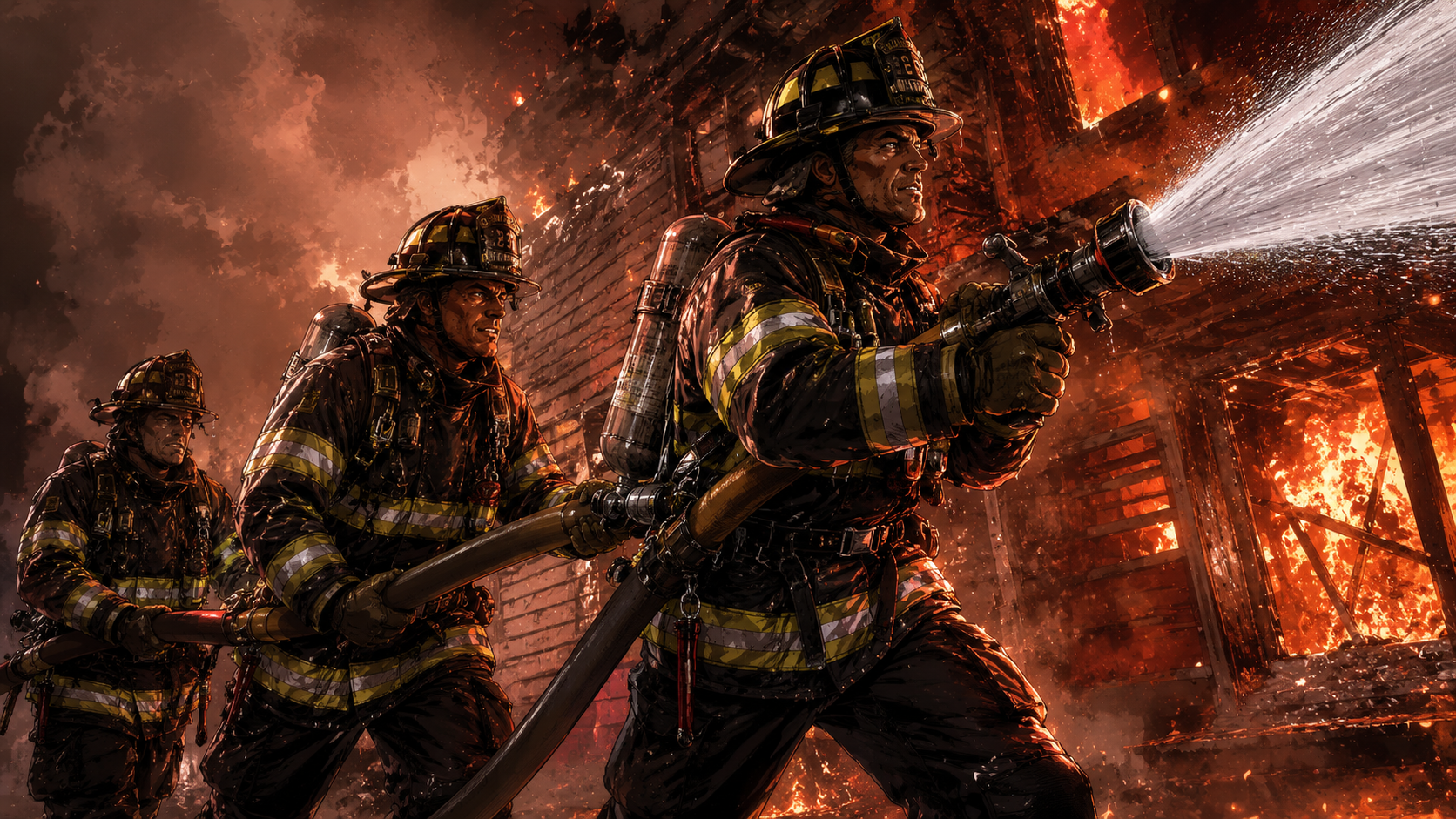 Hose team advancing a water line in a dramatic firefighting scene.