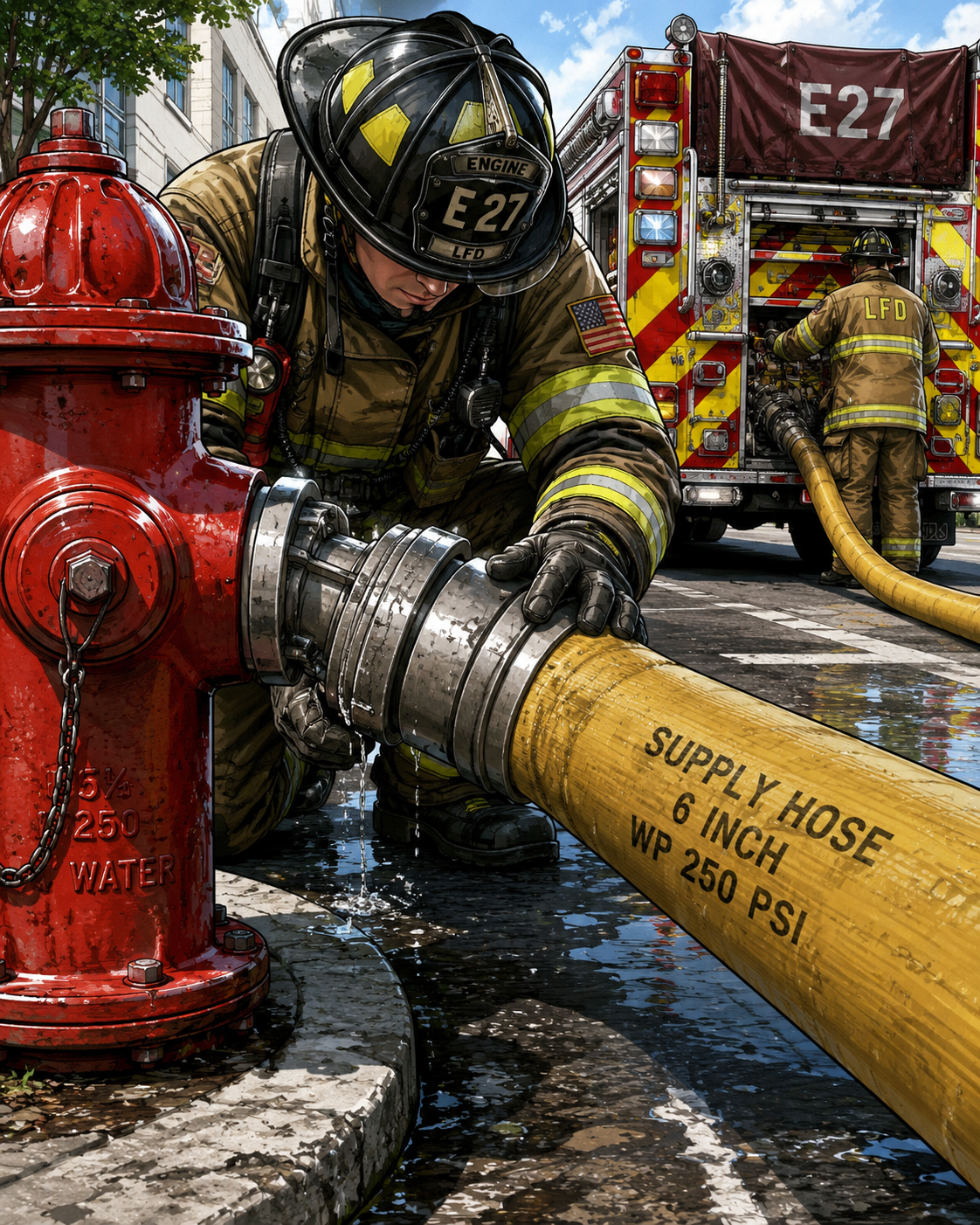Large diameter hose connected to a hydrant.