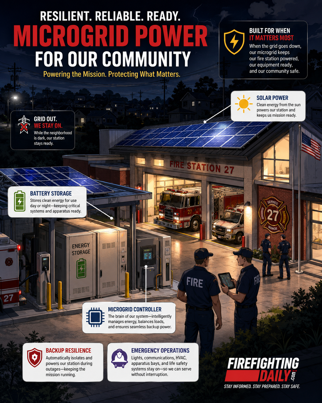 Microgrid power keeping a fire station ready.
