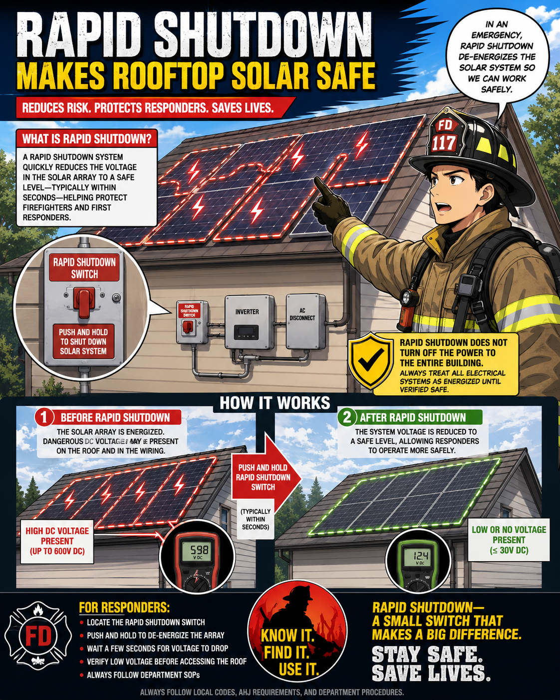 Rapid shutdown concept for rooftop solar safety.