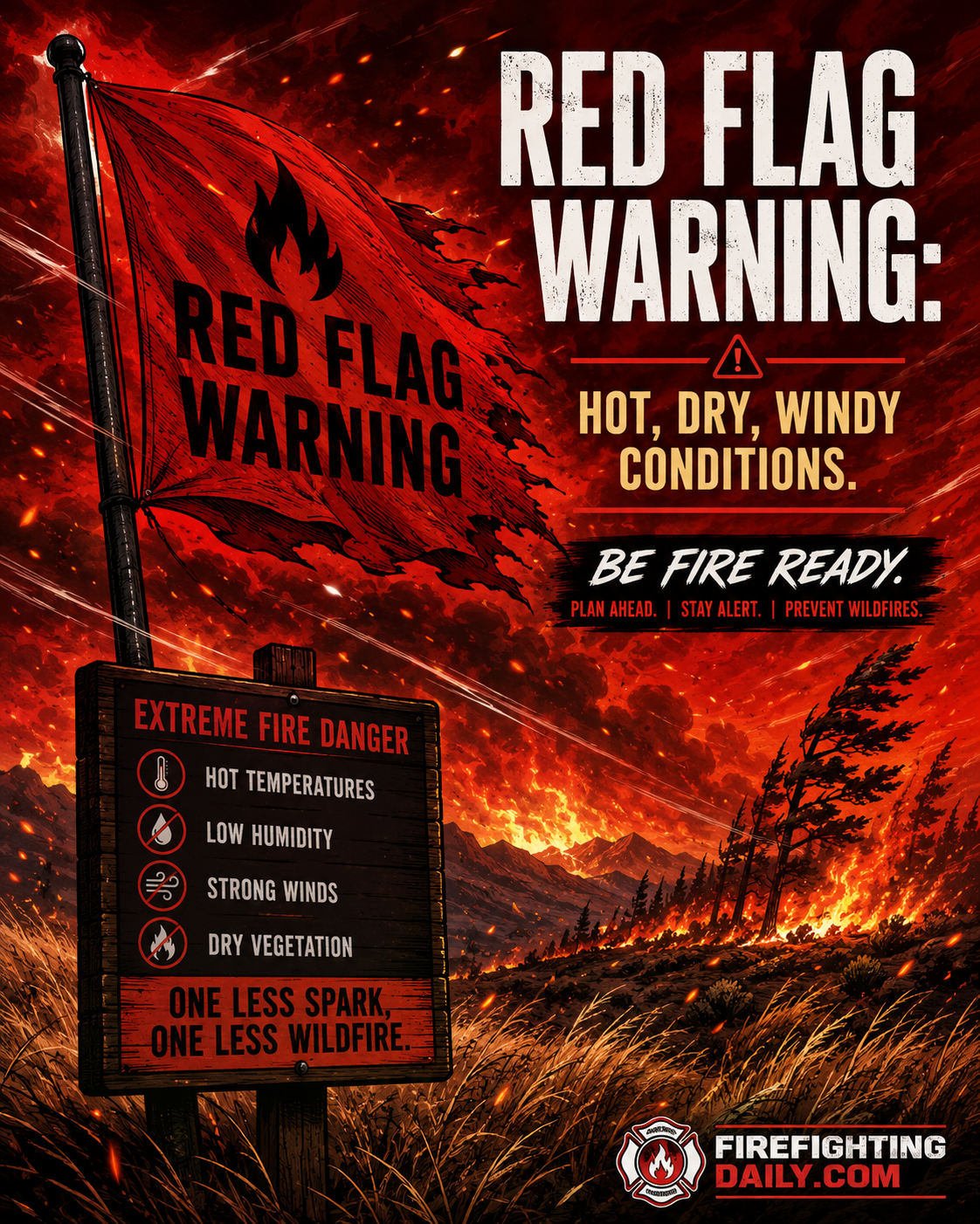 Red flag warning wildfire danger concept.