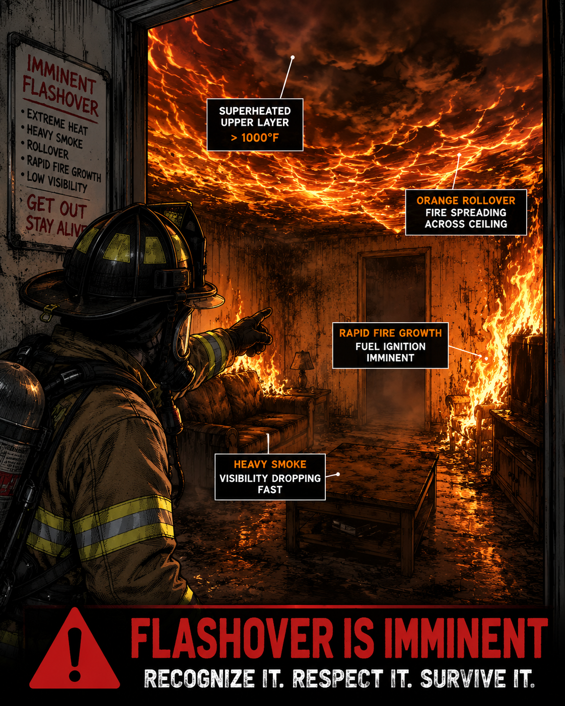 Room flashover warning scene with intense heat and smoke.