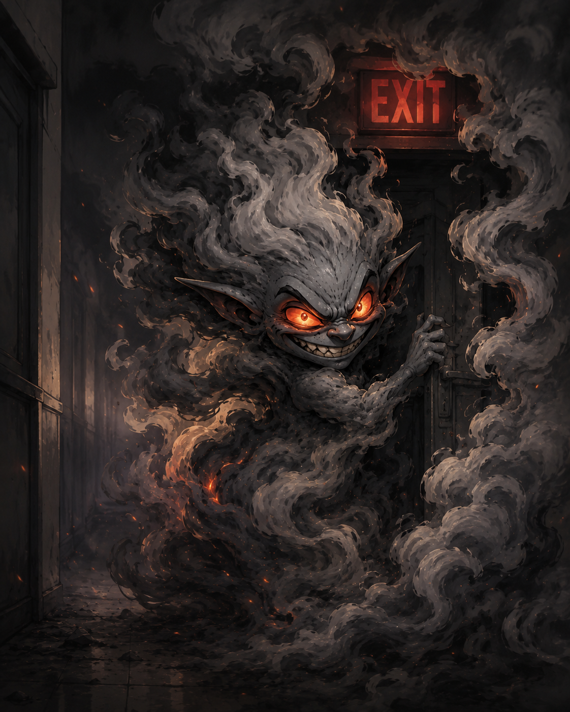 Smoke Goblin hiding an exit in smoke.
