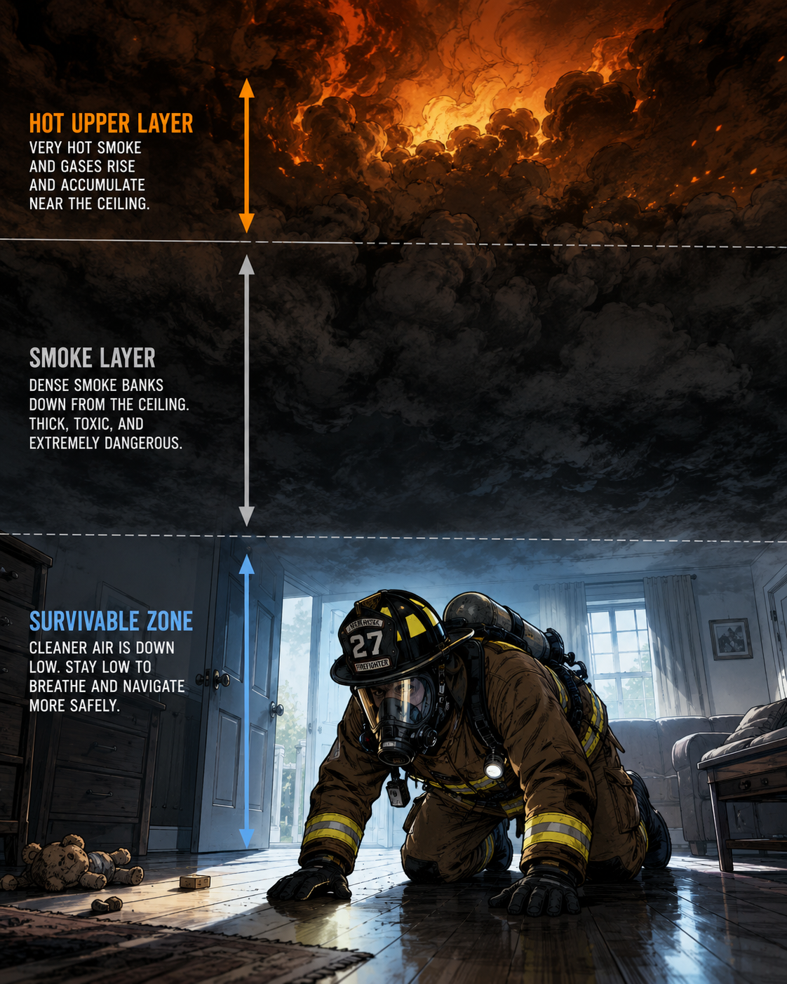 Smoke layering near the ceiling in a room.