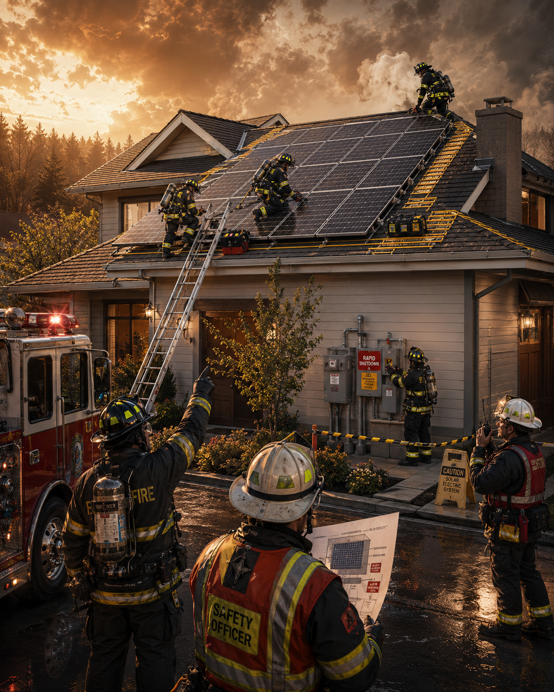 Firefighters responding near solar and battery equipment.