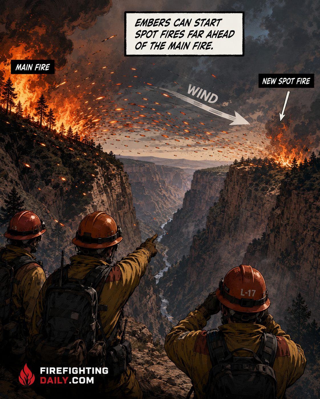 Spot fire starting across a canyon from wind-driven embers.