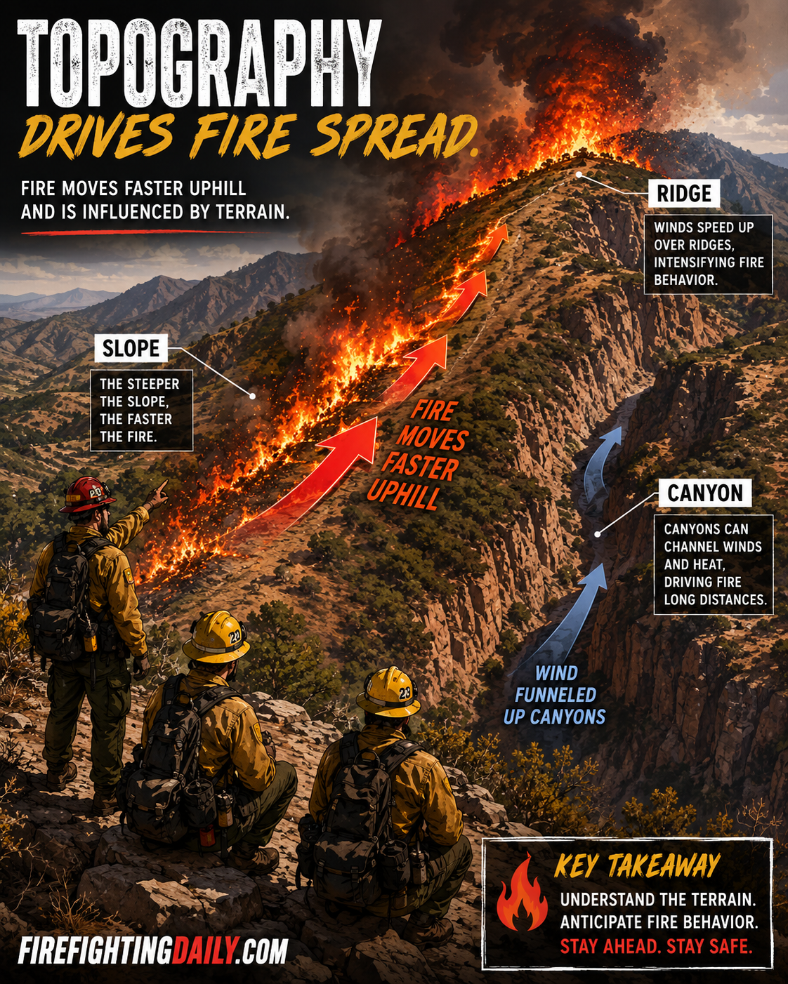 Topography and fire spread scene showing wildfire movement across terrain.