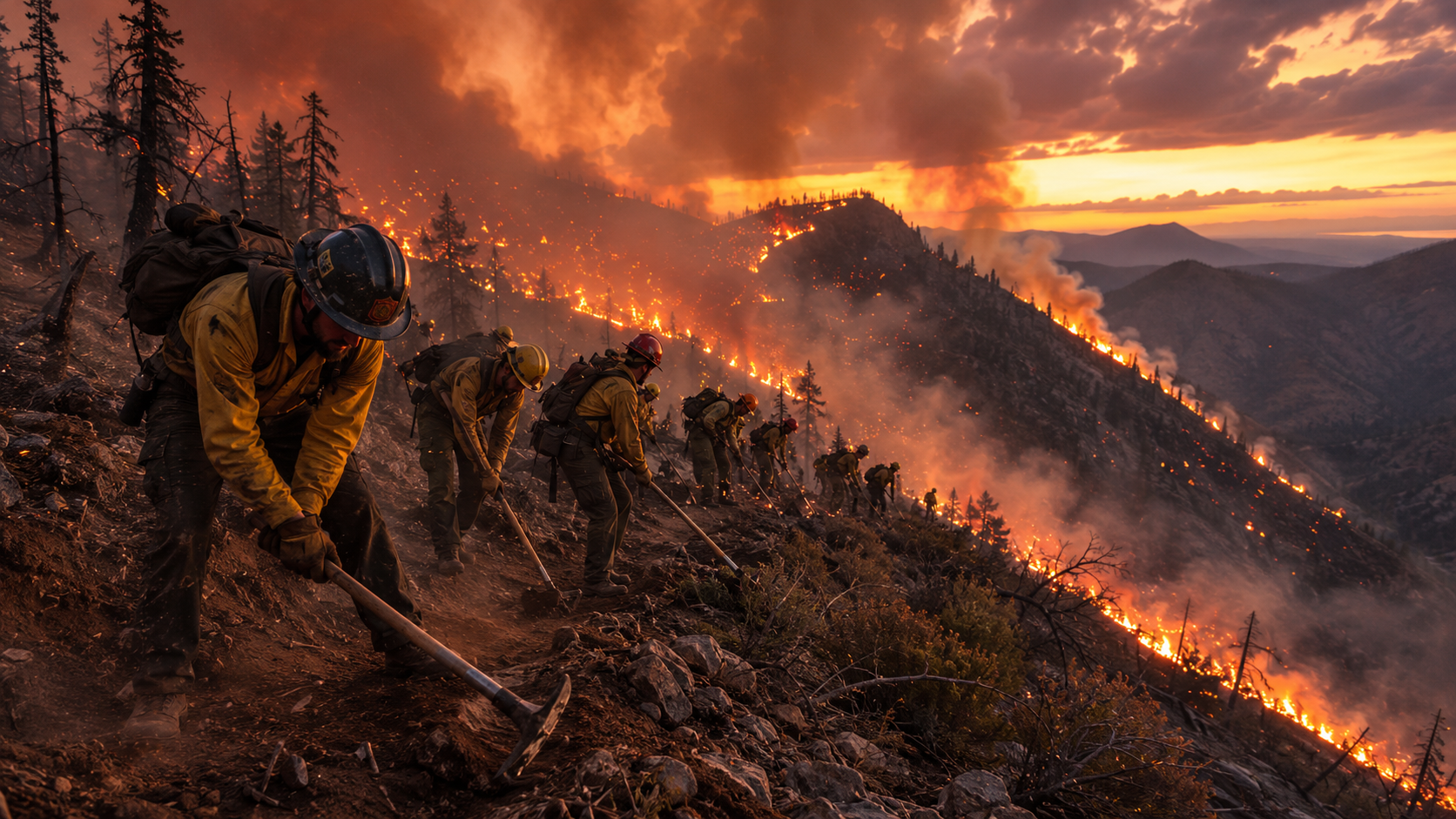 Wildland firefighters working a ridgeline fireline at dusk.
